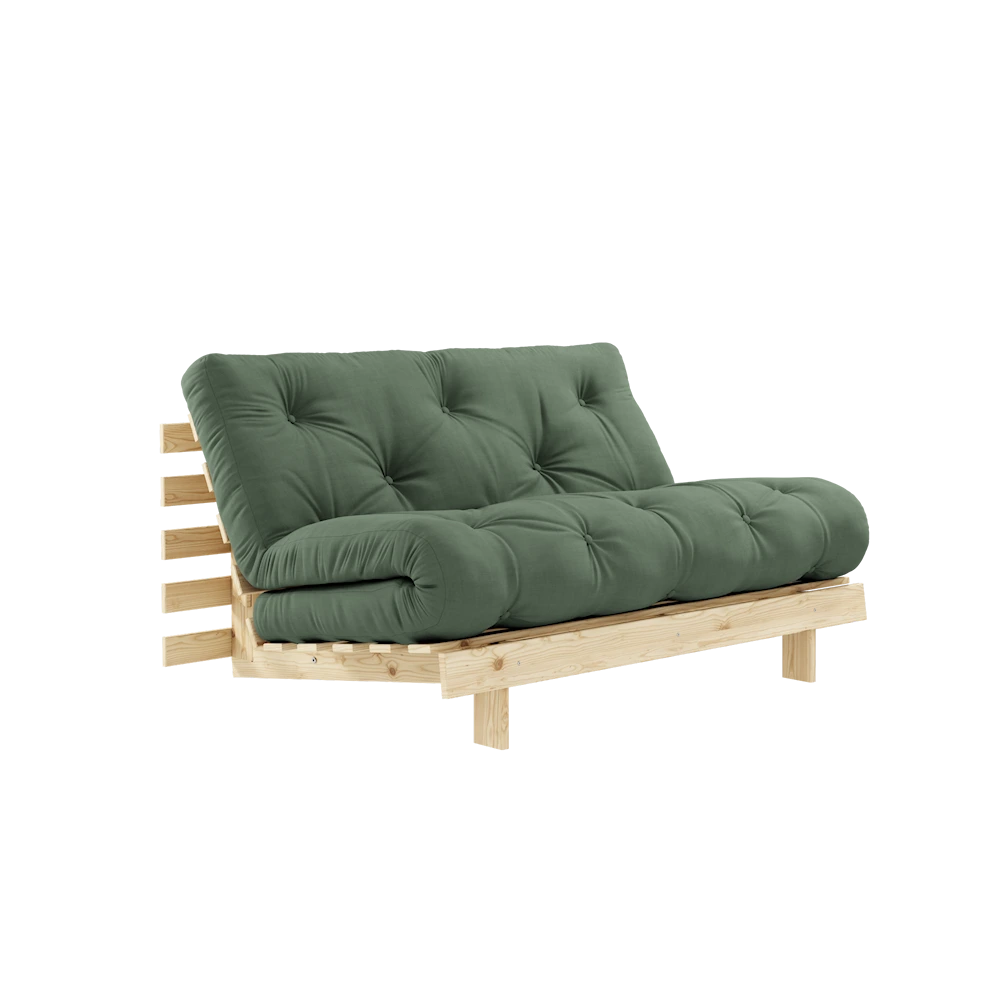 KARUP DESIGN Olivově zelená rozkládací pohovka ROOTS s konstrukcí ze světlého dřeva 140x200 cm