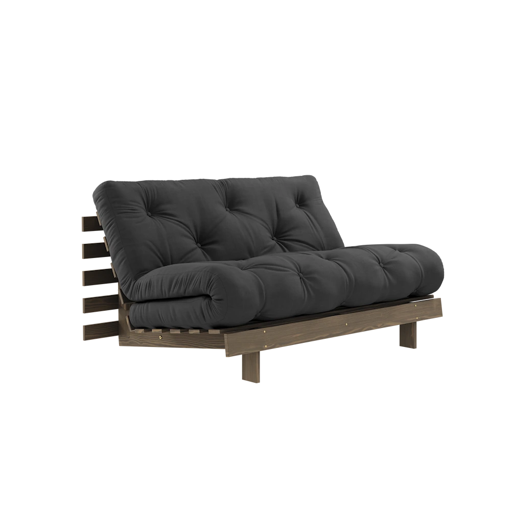 KARUP DESIGN Černá rozkládací pohovka ROOTS s konstrukcí z tmavě hnědého dřeva 140x200 cm