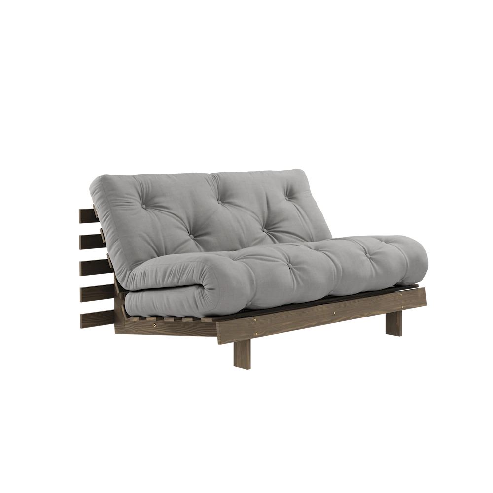 KARUP DESIGN Šedá rozkládací pohovka ROOTS s konstrukcí z tmavě hnědého dřeva 140x200 cm