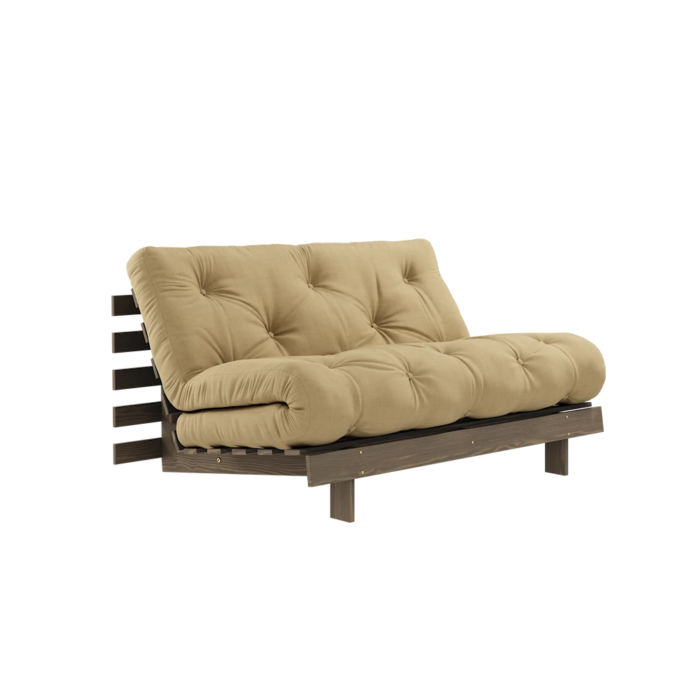 KARUP DESIGN Béžová rozkládací pohovka ROOTS s konstrukcí z tmavě hnědého dřeva 140x200 cm