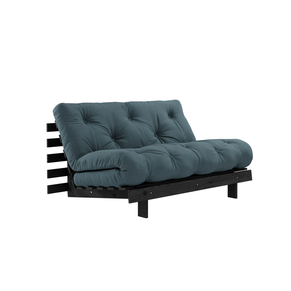 KARUP DESIGN Petrolejově modrá rozkládací pohovka ROOTS s konstrukcí z černého dřeva 140x200 cm