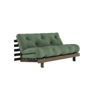 KARUP DESIGN Olivově zelená rozkládací pohovka ROOTS s konstrukcí z tmavě hnědého dřeva 160x200 cm