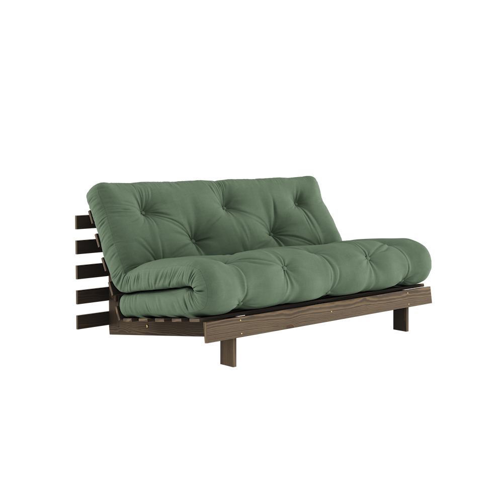 KARUP DESIGN Olivově zelená rozkládací pohovka ROOTS s konstrukcí z tmavě hnědého dřeva 160x200 cm