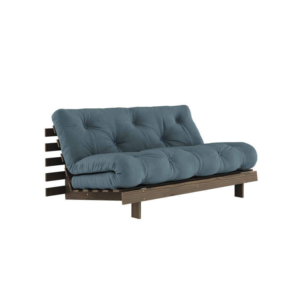 KARUP DESIGN Petrolejově modrá rozkládací pohovka ROOTS s konstrukcí z tmavě hnědého dřeva 160x200 cm