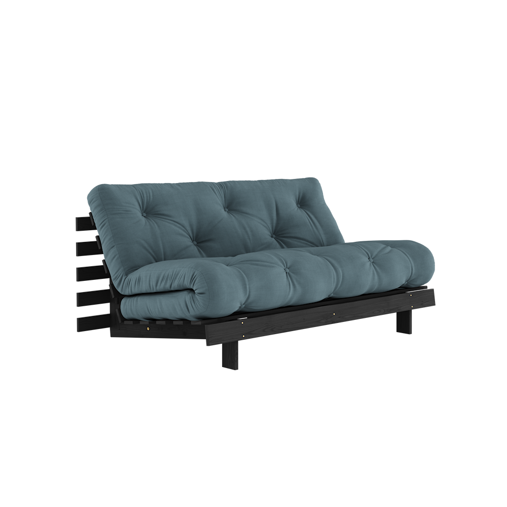 KARUP DESIGN Petrolejově modrá rozkládací pohovka ROOTS s konstrukcí z černého dřeva 160x200 cm
